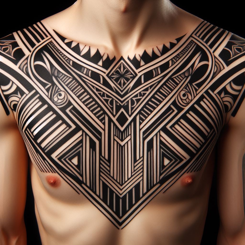 An art deco pattern tattoo, with bold lines and symmetrical shapes, wrapping around the collarbone in a statement piece.