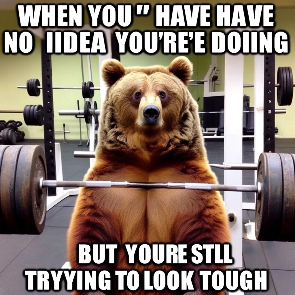A funny image of a bear lifting weights in the gym, looking confused, with a caption that reads, "When you have no idea what you're doing but you're still trying to look tough."