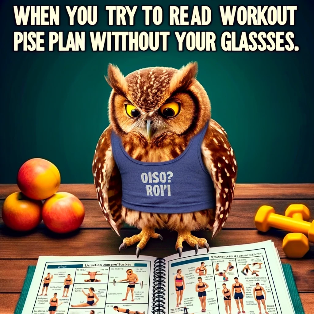 An amusing image of an owl in workout gear, looking at an exercise chart with a bewildered expression, captioned, "When you try to read the workout plan without your glasses."