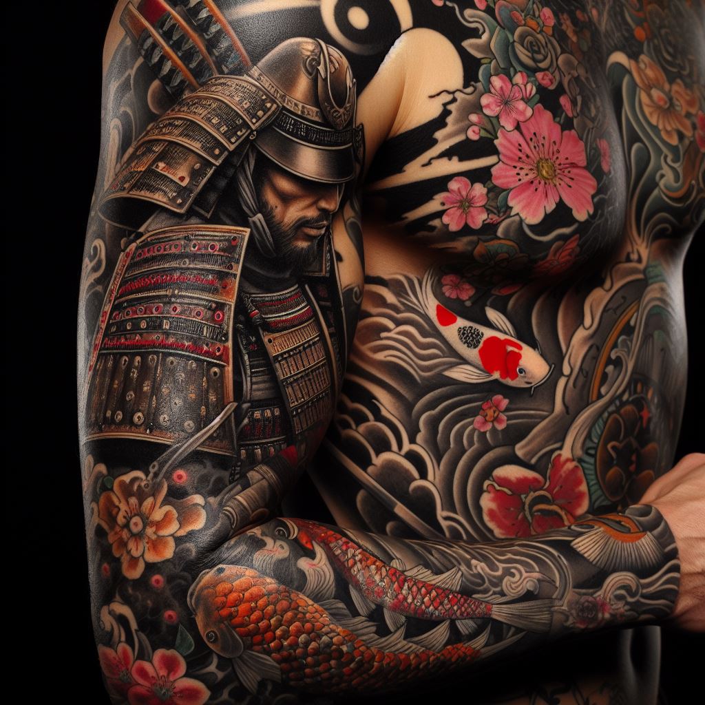 A detailed sleeve tattoo featuring a Japanese samurai theme, with intricate patterns and elements such as cherry blossoms and koi fish, wrapping around a man's entire arm.