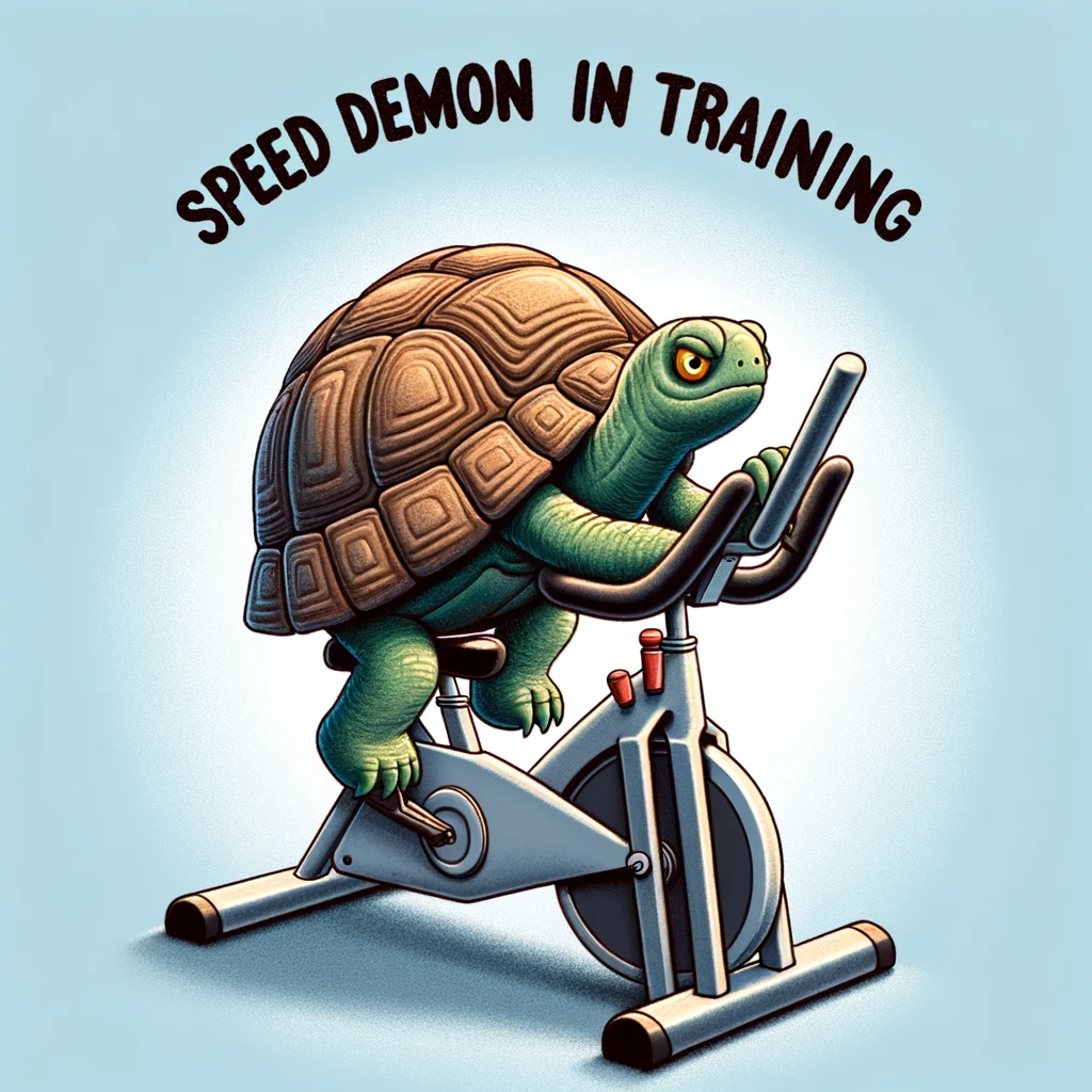 A humorous image of a turtle on an exercise bike, moving at a snail's pace, with a caption saying, "Speed demon in training."