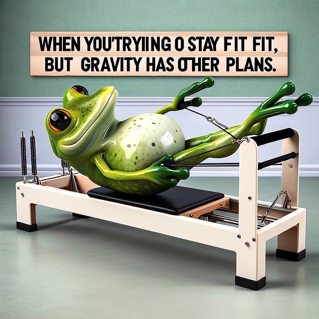 A comical image of a frog doing pilates, struggling to use the reformer, with a caption saying, "When you're trying to stay fit but gravity has other plans."