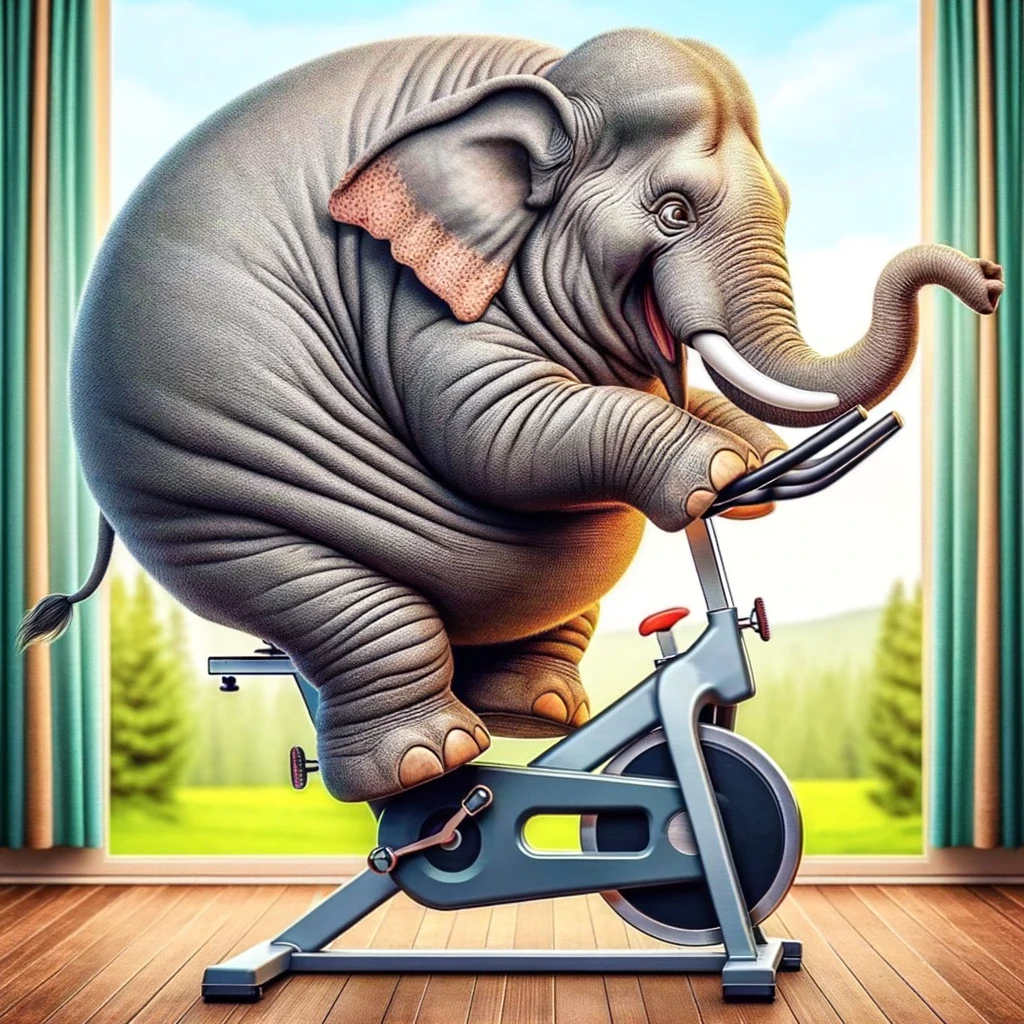 A comical image of an elephant trying to fit on a spinning bike, with a caption saying, "When you're too big for your gym equipment but still giving it your all."