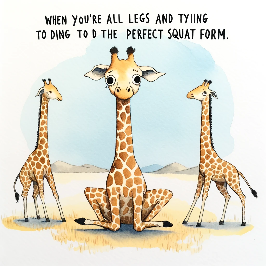 A humorous image of a giraffe trying to do squats, looking awkward, with a caption saying, "When you're all legs and trying to find the perfect squat form."