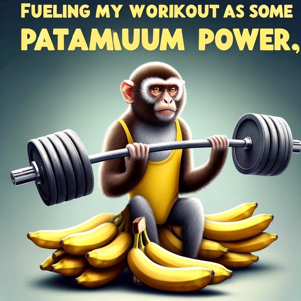 A funny image of a monkey doing deadlifts with bananas as weights, with a caption that reads, "Fueling my workout with some potassium power."