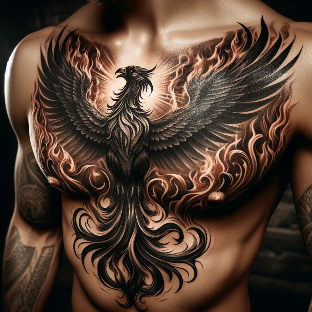 An elegant chest tattoo showcasing a majestic phoenix rising from flames, symbolizing rebirth and strength, spread across a man's chest area.