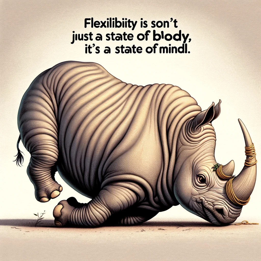 An amusing image of a rhinoceros attempting to do a yoga pose, looking determined, with a caption saying, "Flexibility isn't just a state of body, it's a state of mind."