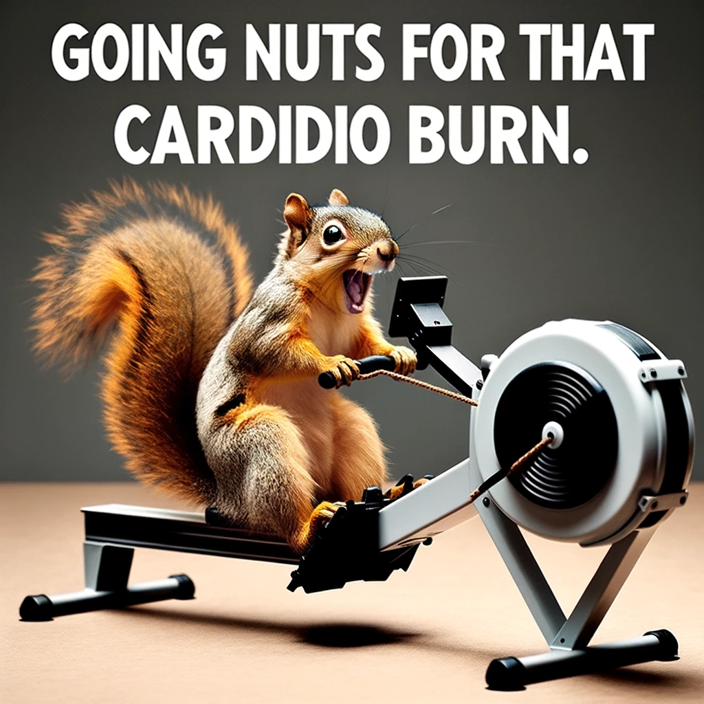 A comical image of a squirrel on a rowing machine, looking overly enthusiastic, with a caption that reads, "Going nuts for that cardio burn."