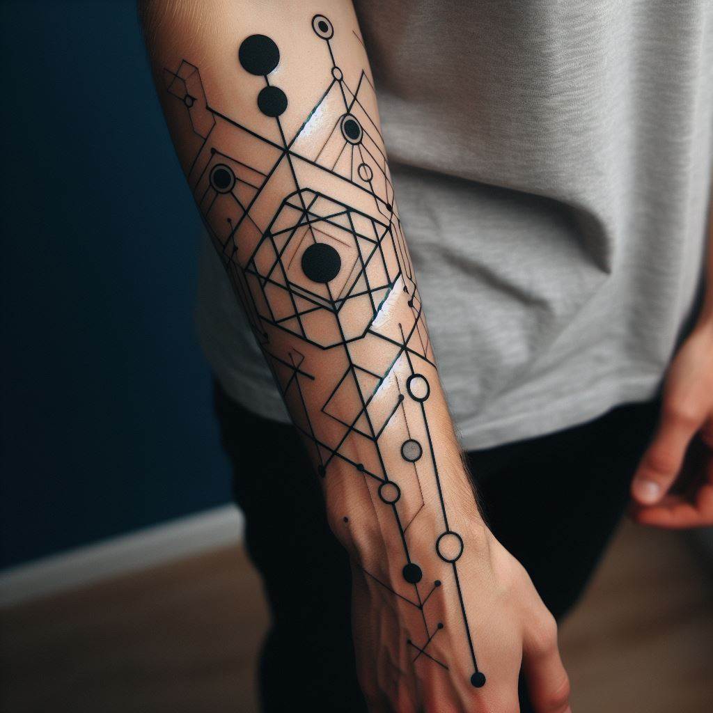 A minimalist geometric tattoo located on a man's forearm, consisting of interconnected shapes and lines that create a modern, abstract design.