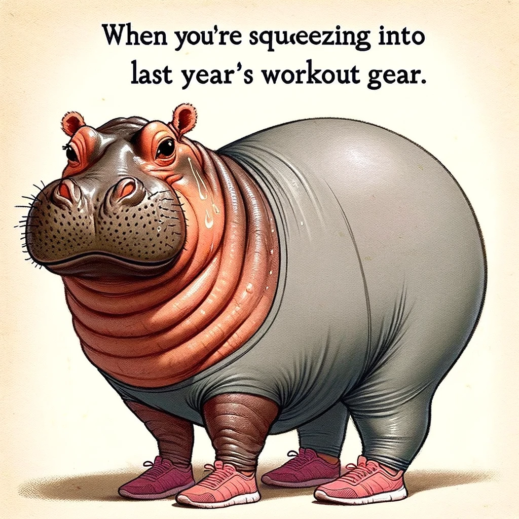 A humorous image of a hippopotamus trying to fit into workout leggings, with a caption saying, "When you're squeezing into last year's workout gear."