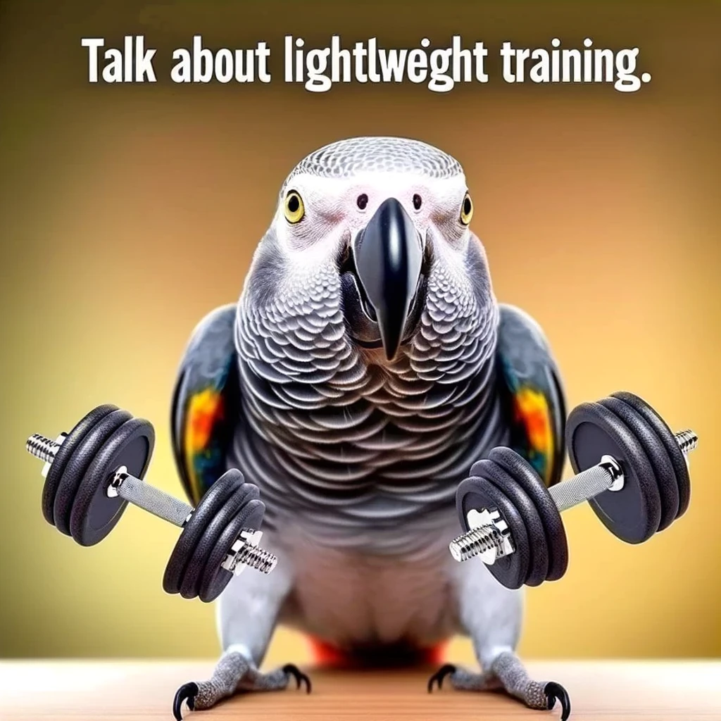A funny image of a parrot lifting tiny dumbbells, with a focused look, and a caption saying, "Talk about lightweight training."