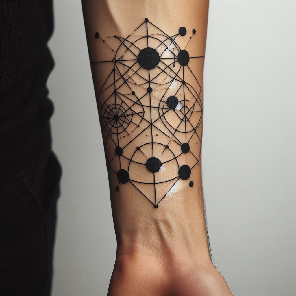 A minimalist geometric tattoo located on a man's forearm, consisting of interconnected shapes and lines that create a modern, abstract design.