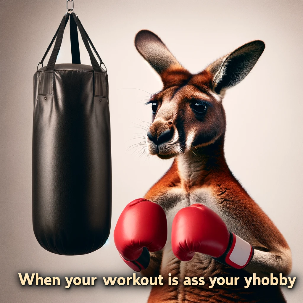 An amusing image of a kangaroo boxing with a punching bag, looking serious, with a caption that reads, "When your workout is also your hobby."