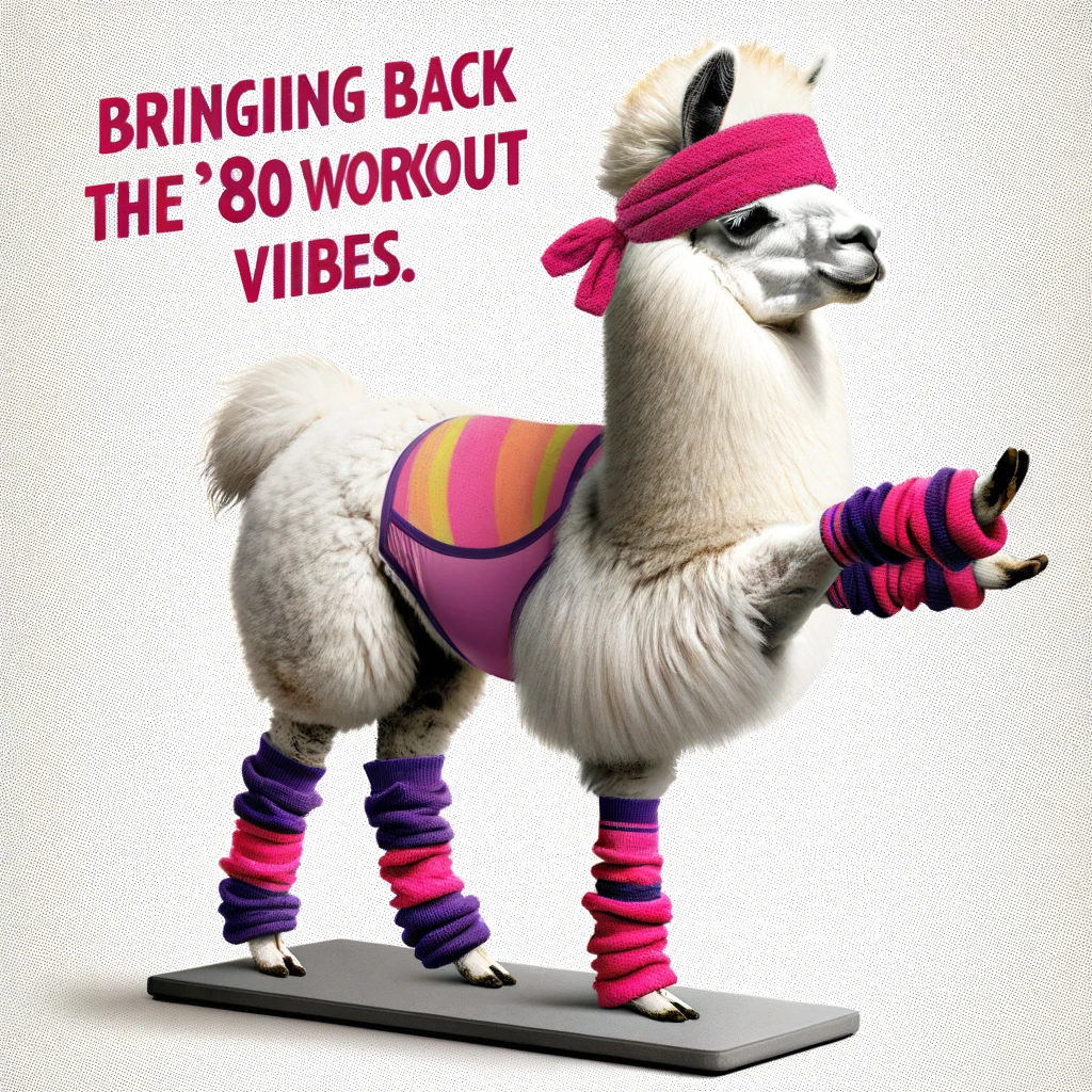 A comical image of a llama doing aerobics, wearing a headband and leg warmers, with a caption saying, "Bringing back the '80s workout vibes."