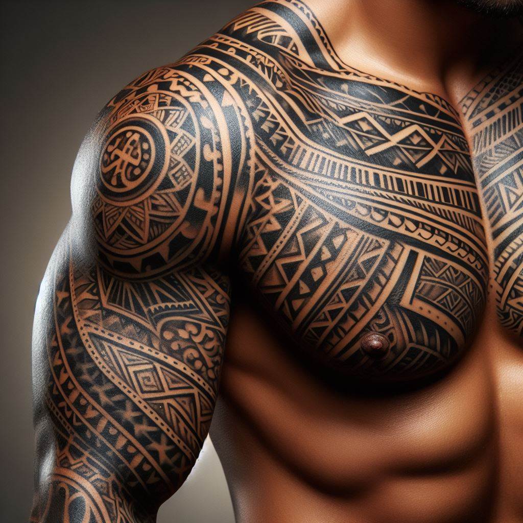 A traditional Polynesian tribal tattoo covering the shoulder and extending down to a man's upper arm, featuring intricate patterns and symbols that represent courage and ancestry.