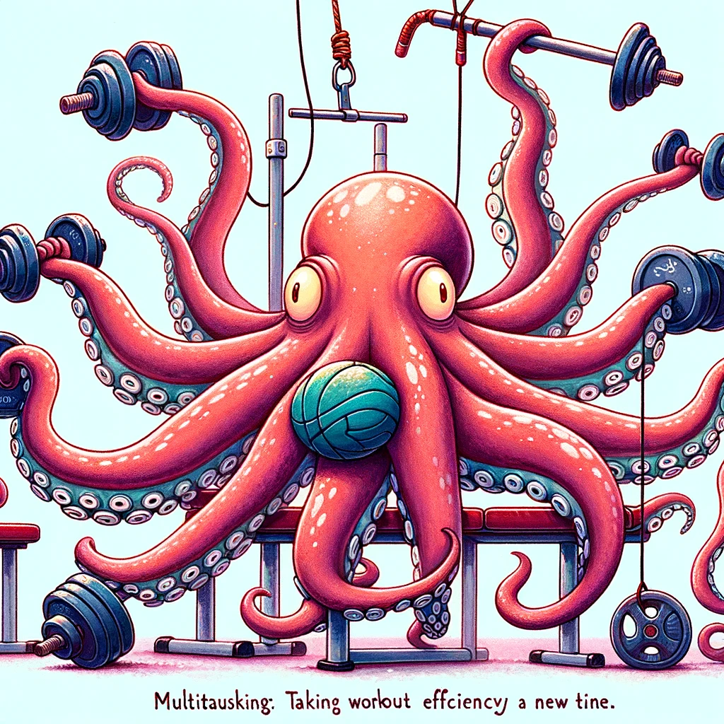 A whimsical image of an octopus using multiple pieces of gym equipment at once, with a caption saying, "Multitasking: Taking workout efficiency to a new level."