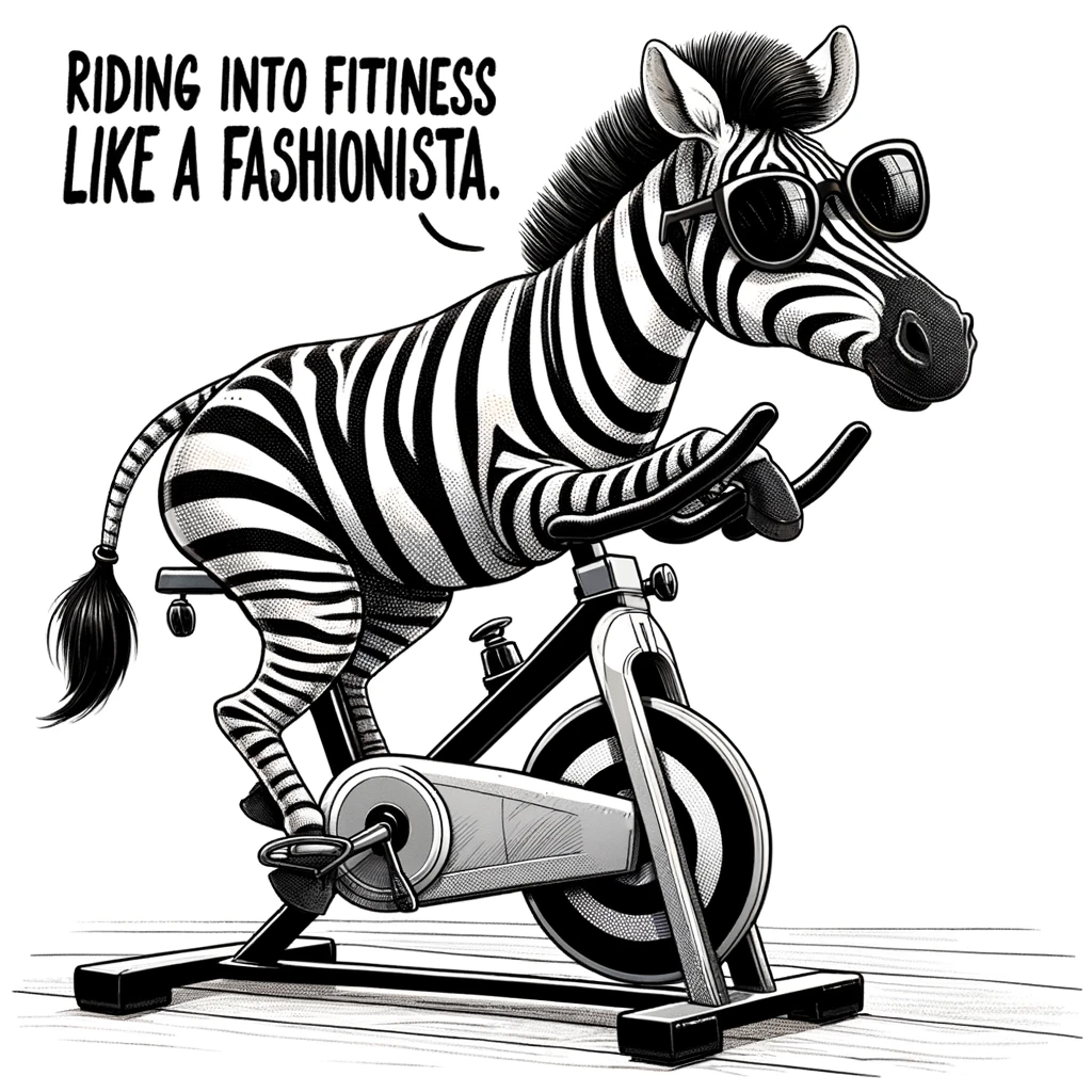 A comical image of a zebra on a spin bike, wearing sunglasses, with a caption saying, "Riding into fitness like a true fashionista."