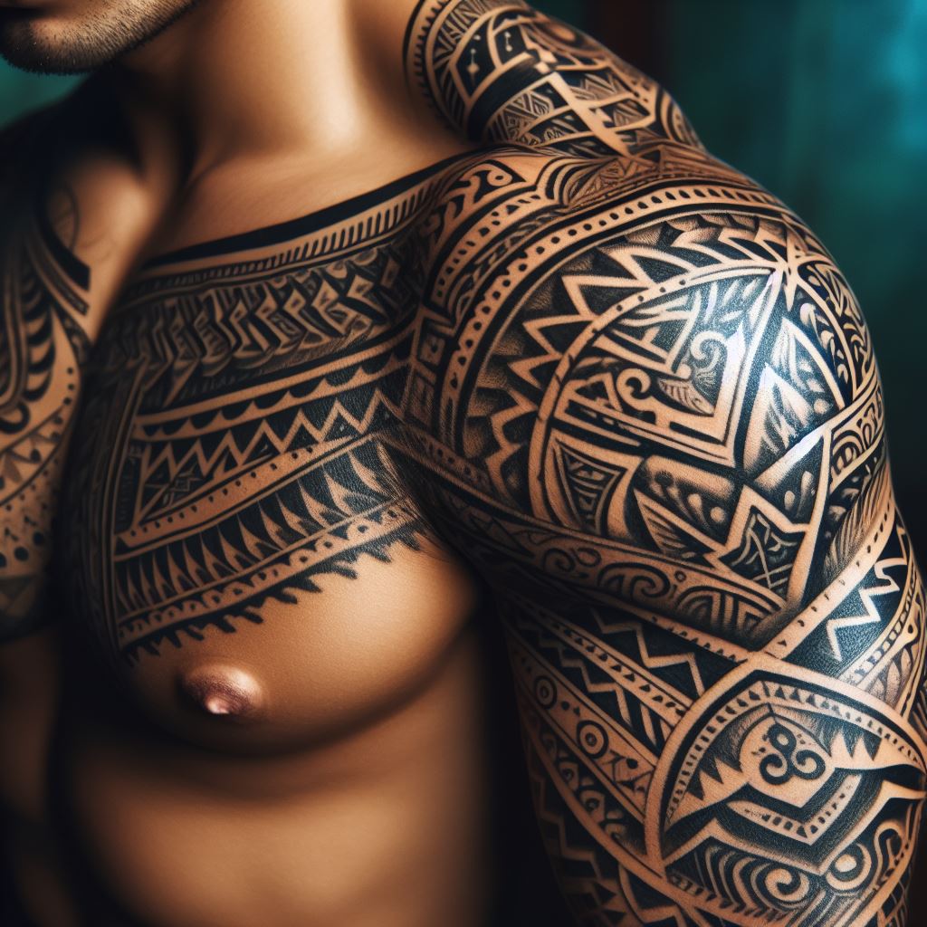 A traditional Polynesian tribal tattoo covering the shoulder and extending down to a man's upper arm, featuring intricate patterns and symbols that represent courage and ancestry.