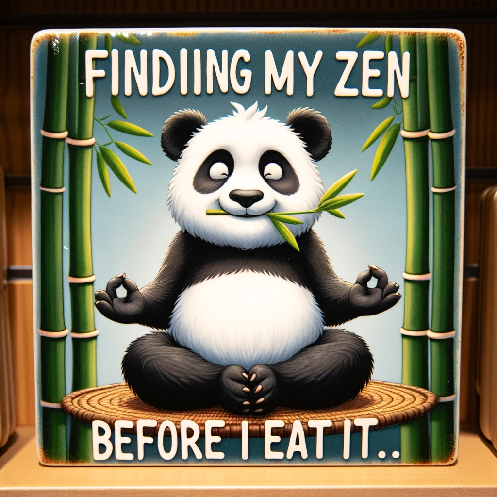 A humorous image of a panda doing meditation, surrounded by bamboo, with a caption saying, "Finding my zen before I eat it."