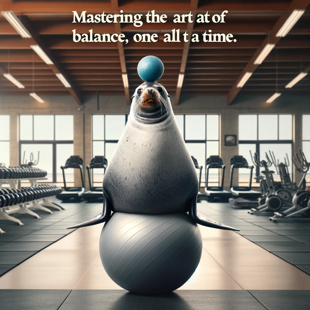 A funny image of a seal balancing a yoga ball on its nose, in a gym, with a caption saying, "Mastering the art of balance, one ball at a time."