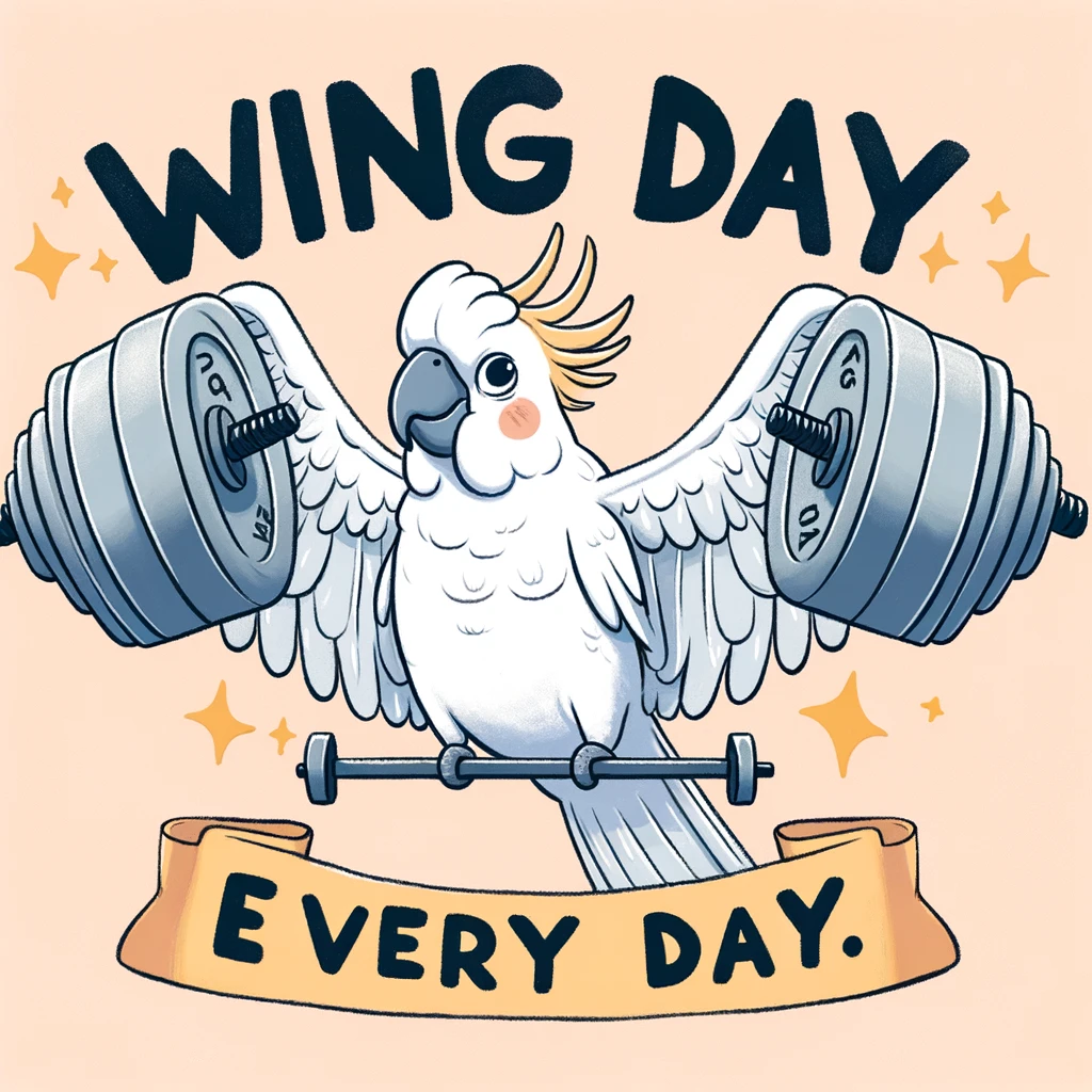 A whimsical image of a cockatoo lifting weights with its wings, looking determined, with a caption saying, "Wing day every day."