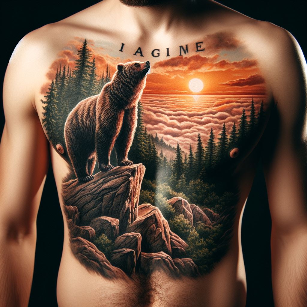 A tattoo of a majestic bear standing atop a rocky cliff, spread across the chest. The bear's stance is powerful, overlooking a forest landscape at dawn, with the sun rising in the background. This tattoo is detailed with realistic shading to give depth to the scene, symbolizing leadership and the courage to face new beginnings.