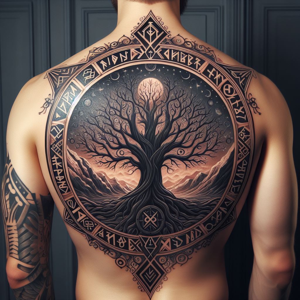 A bold back tattoo featuring a Norse mythology-inspired design, with a depiction of the World Tree Yggdrasil, surrounded by Norse runes, covering a man's entire back.