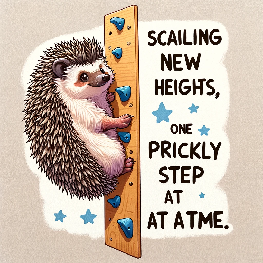 A comical image of a hedgehog on a climbing wall, looking determined, with a caption saying, "Scaling new heights, one prickly step at a time."
