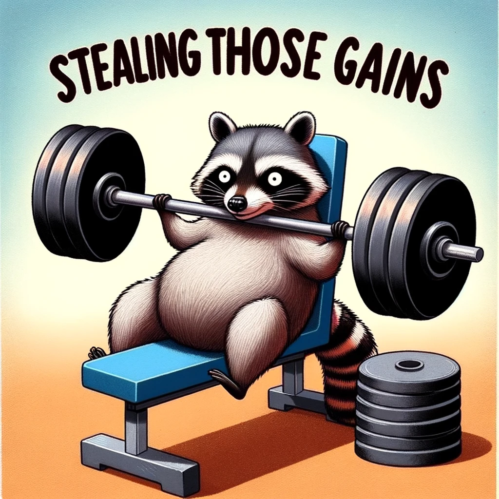 A humorous image of a raccoon doing bench presses, looking sneaky, with a caption saying, "Stealing those gains."