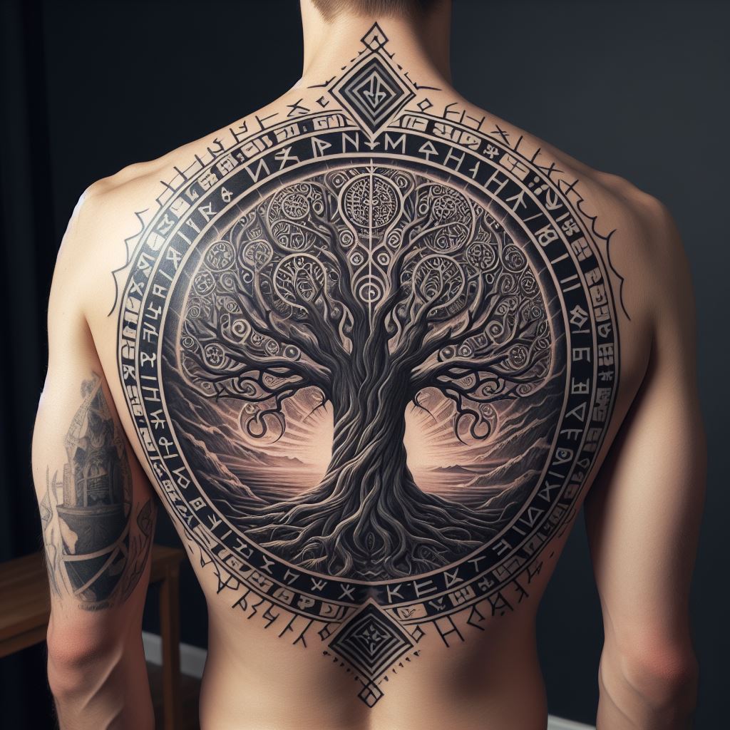 A bold back tattoo featuring a Norse mythology-inspired design, with a depiction of the World Tree Yggdrasil, surrounded by Norse runes, covering a man's entire back.