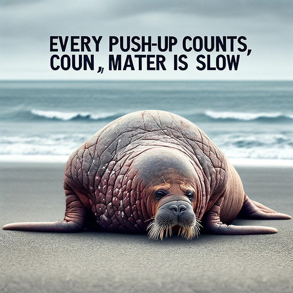 An amusing image of a walrus doing push-ups on the beach, struggling slightly, with a caption saying, "Every push-up counts, no matter how slow."