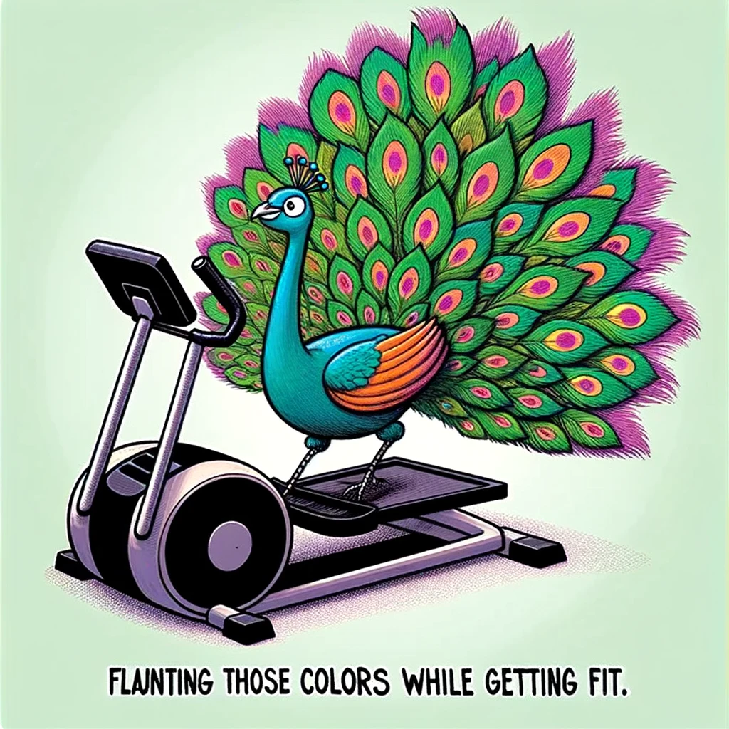 A comical image of a peacock on an elliptical machine, showing off its feathers, with a caption saying, "Flaunting those colors while getting fit."