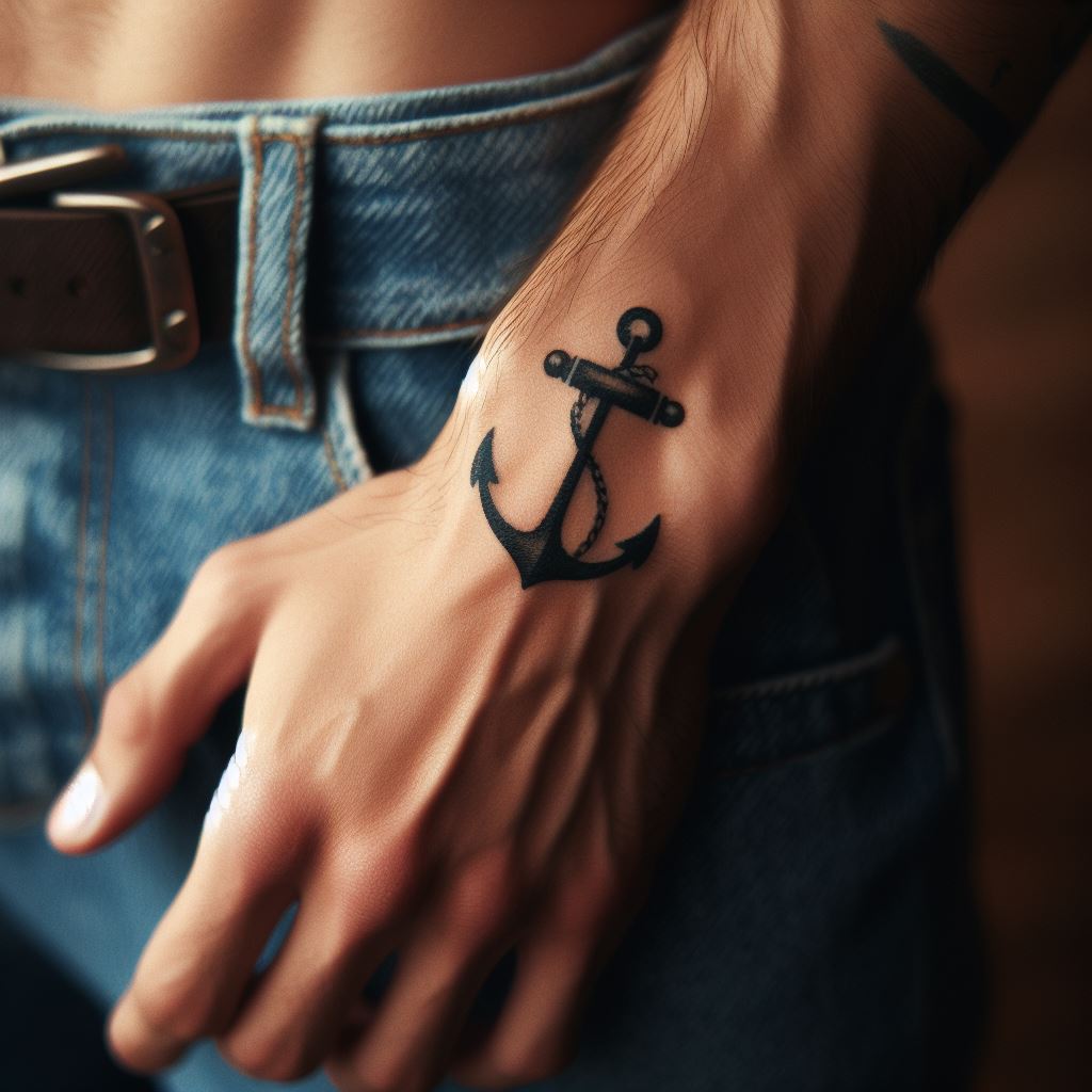 A small, discreet wrist tattoo of an anchor, symbolizing stability and grounding, neatly positioned on the inside of a man's wrist.