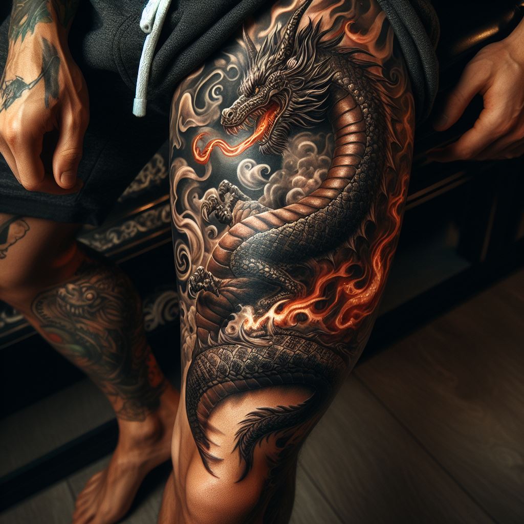 A captivating leg tattoo of a detailed dragon, its body winding around a man's leg from thigh to ankle, with flames and scales adding to the dynamic visual.