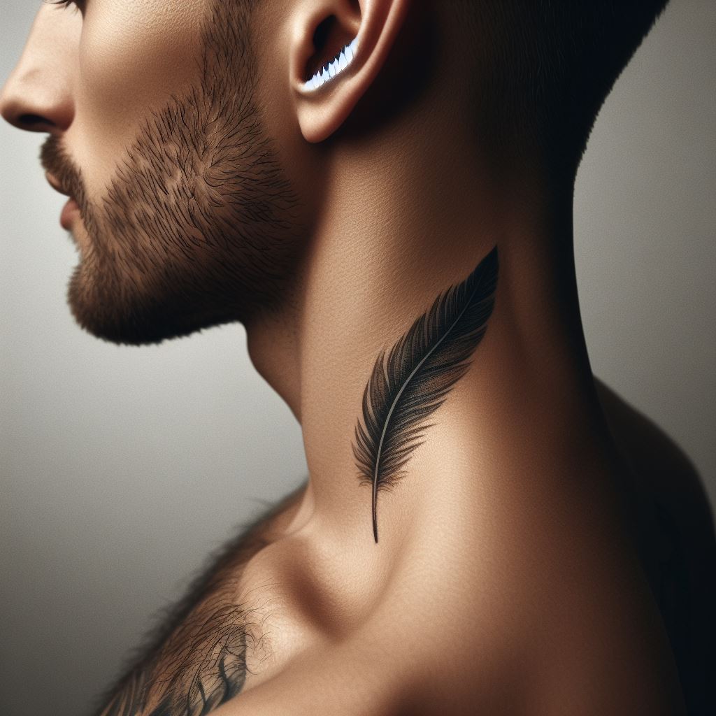 A sophisticated neck tattoo, subtly placed on the side of a man's neck, depicting a small, single feather, symbolizing freedom and inspiration.