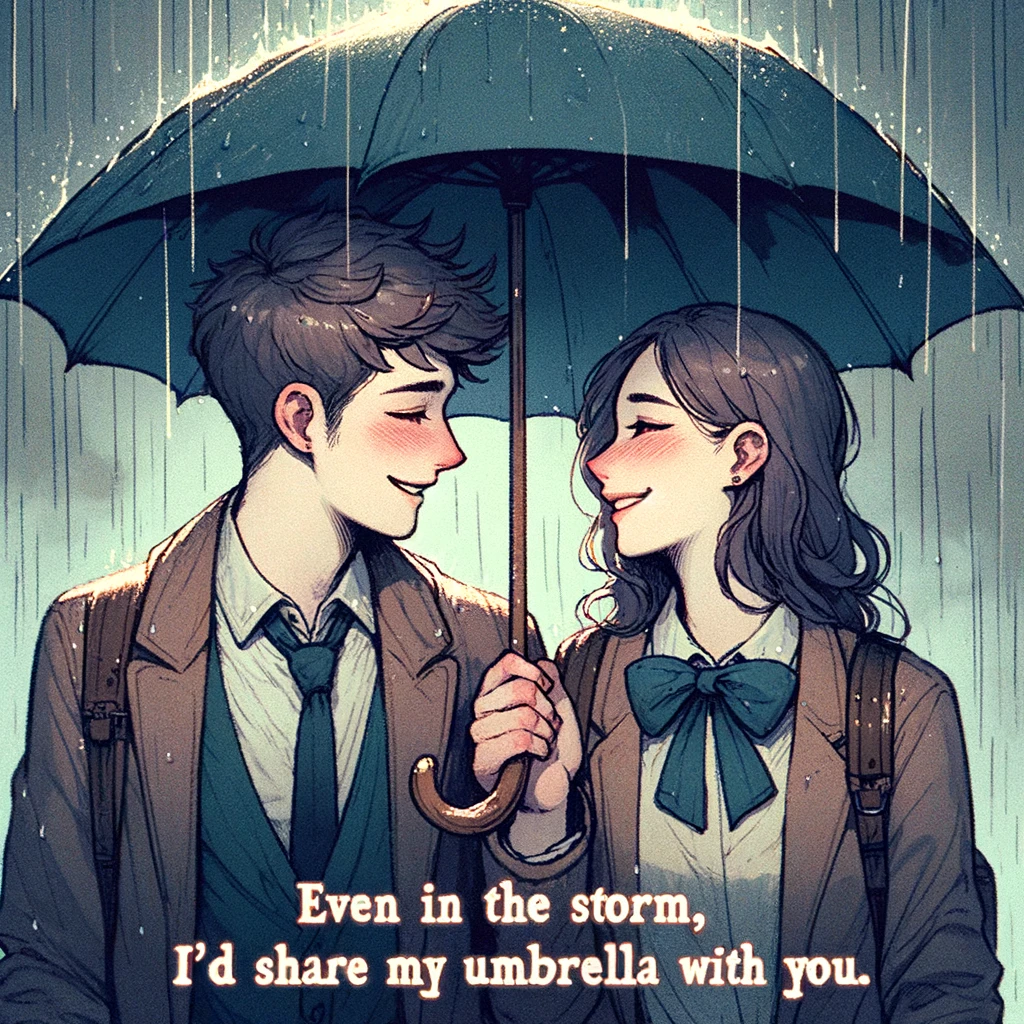 A couple sharing an umbrella in the rain, smiling at each other. The caption says, "Even in the storm, I'd share my umbrella with you."