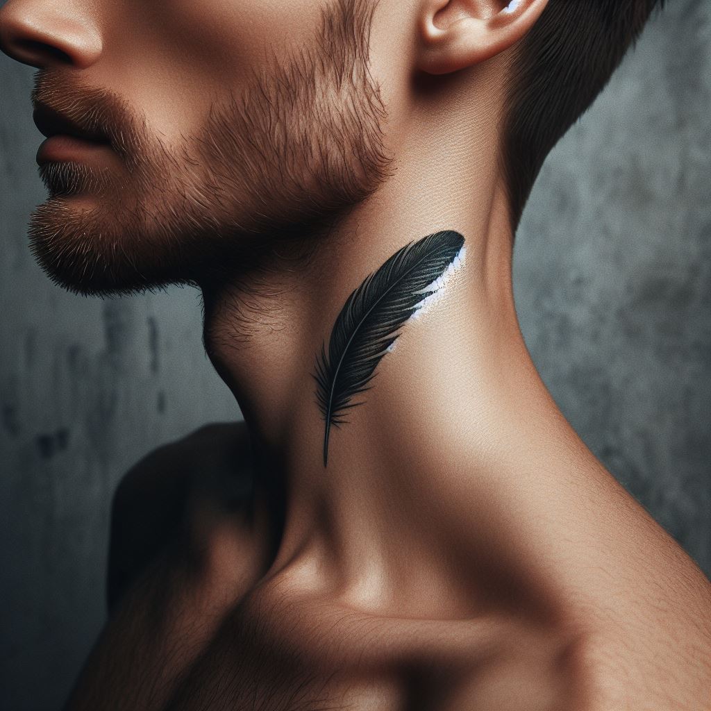 A sophisticated neck tattoo, subtly placed on the side of a man's neck, depicting a small, single feather, symbolizing freedom and inspiration.