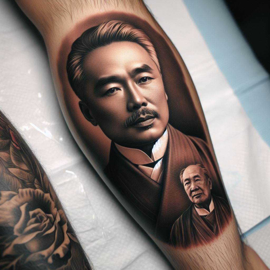 A realistic portrait tattoo, positioned on a man's calf, capturing the likeness of a beloved family member or historical figure with precision and depth.
