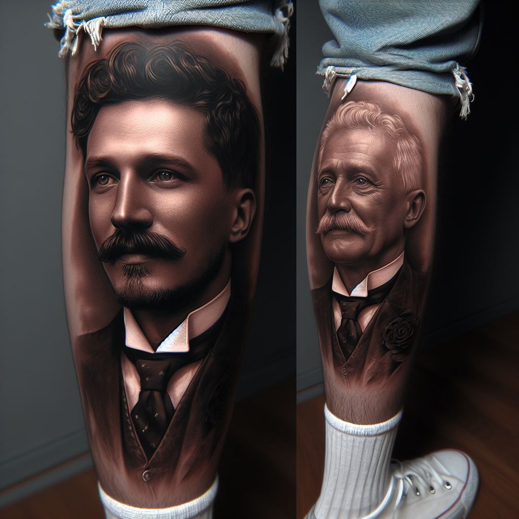 A realistic portrait tattoo, positioned on a man's calf, capturing the likeness of a beloved family member or historical figure with precision and depth.