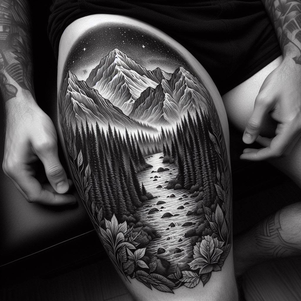 An artistic thigh tattoo featuring a scenic landscape, with mountains, forests, and a flowing river, creating a peaceful and natural scene enveloping a man's thigh area.