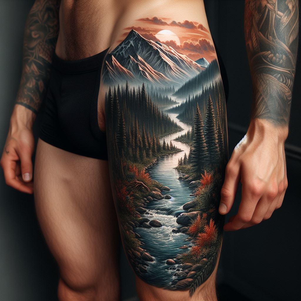An artistic thigh tattoo featuring a scenic landscape, with mountains, forests, and a flowing river, creating a peaceful and natural scene enveloping a man's thigh area.