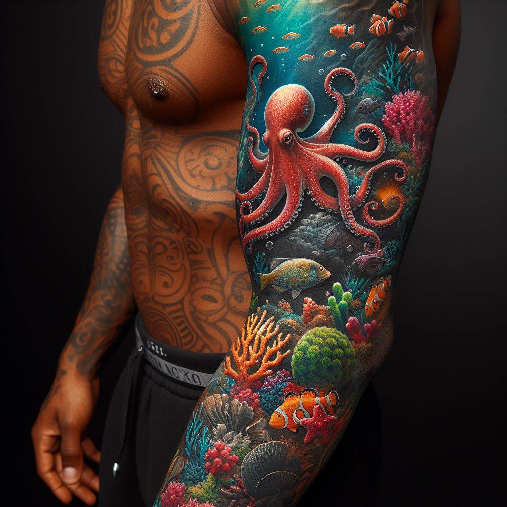 A creative half-sleeve tattoo on a man's lower arm, illustrating an underwater scene complete with marine life such as fish, corals, and an octopus, showcasing vibrant colors and detailed textures.