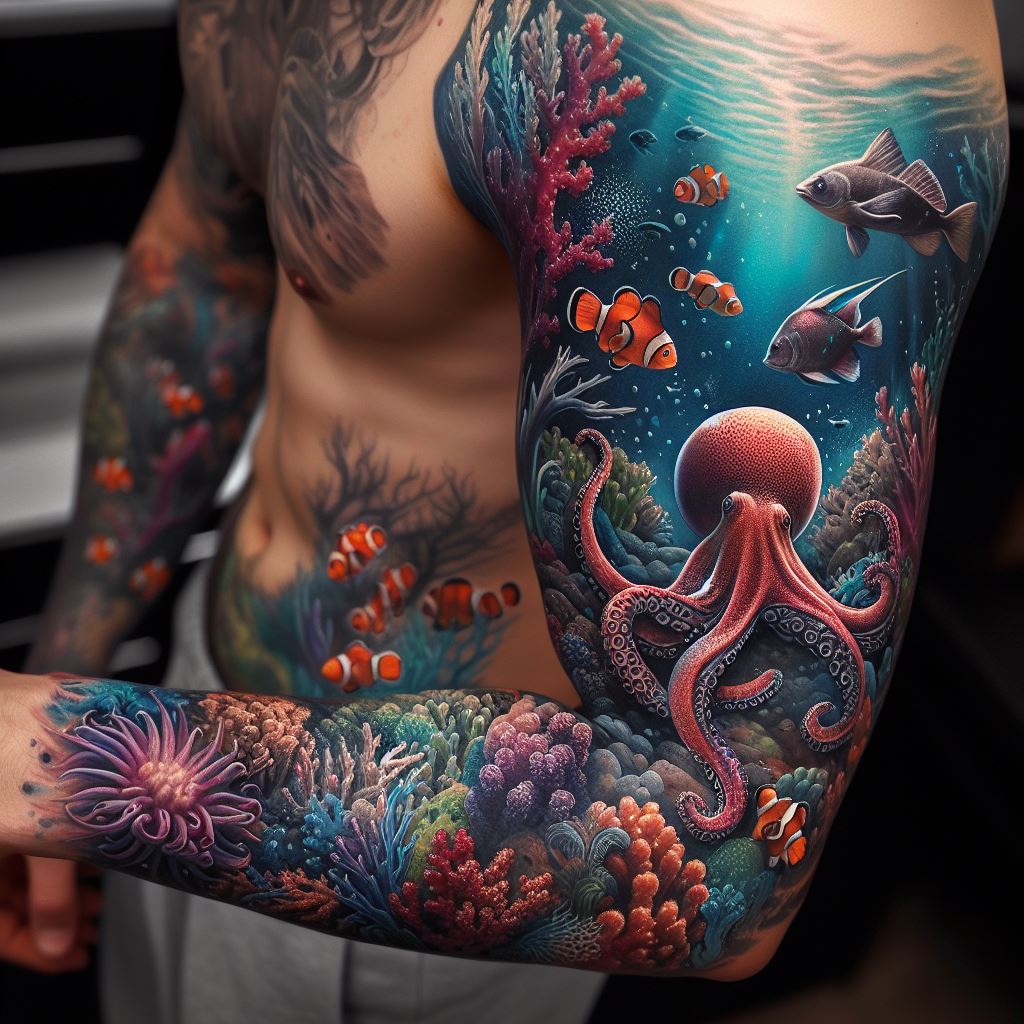 A creative half-sleeve tattoo on a man's lower arm, illustrating an underwater scene complete with marine life such as fish, corals, and an octopus, showcasing vibrant colors and detailed textures.