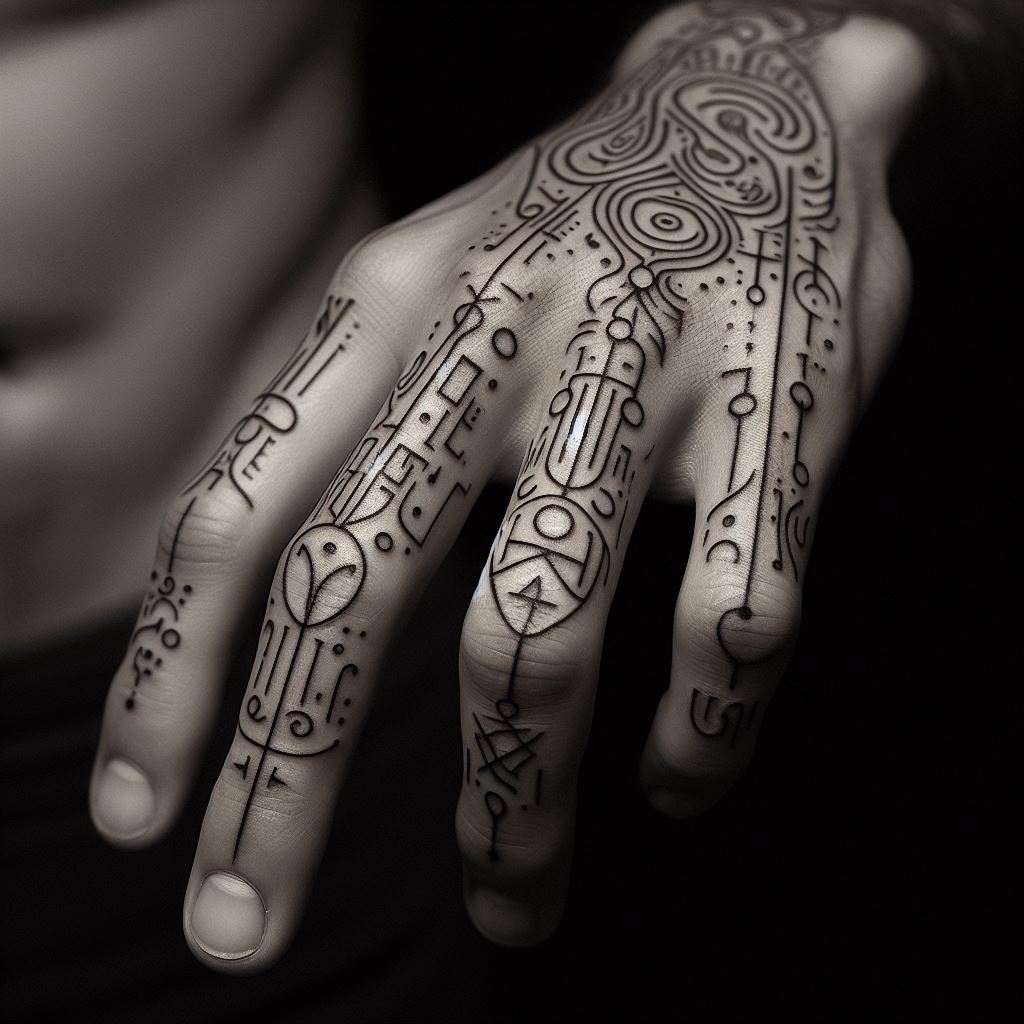 An intricate finger tattoo featuring a series of small, minimalist symbols or letters that hold personal significance, elegantly wrapping around a man's side of a finger.
