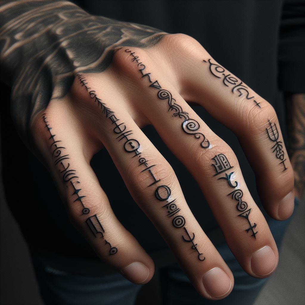 An intricate finger tattoo featuring a series of small, minimalist symbols or letters that hold personal significance, elegantly wrapping around a man's side of a finger.