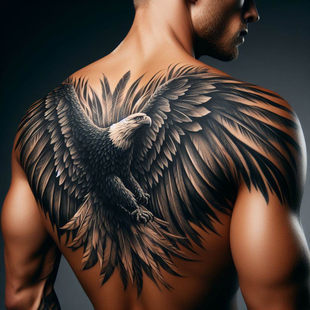 A powerful shoulder blade tattoo depicting an eagle in mid-flight, its wings spread wide and detailed feathers creating a sense of movement and freedom, positioned across a man's shoulder blades.