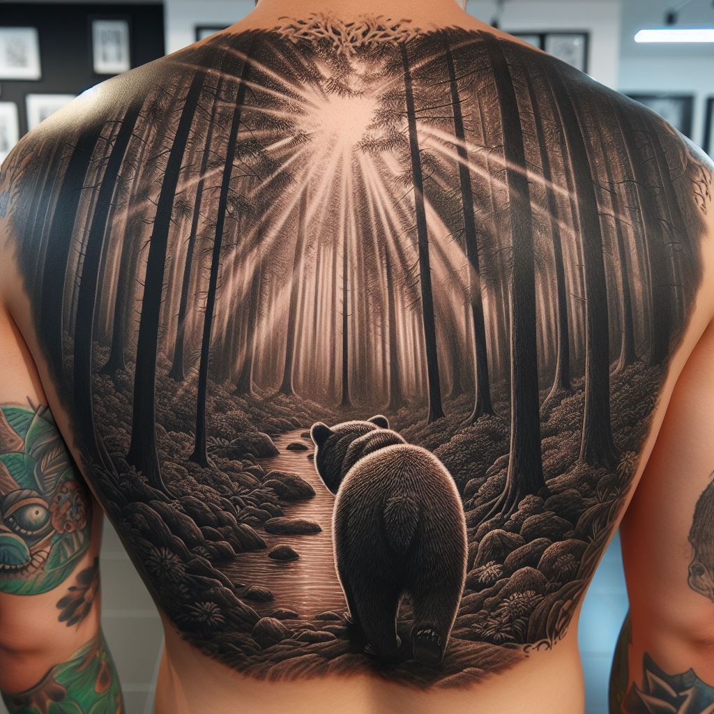 A large, intricately detailed tattoo of a bear in a forest setting, covering the entire back. The scene depicts the bear walking through a dense forest, with rays of light piercing through the trees above. The tattoo highlights the bear's connection to the wilderness, using deep contrasts to bring the scene to life, symbolizing introspection and the journey through life.