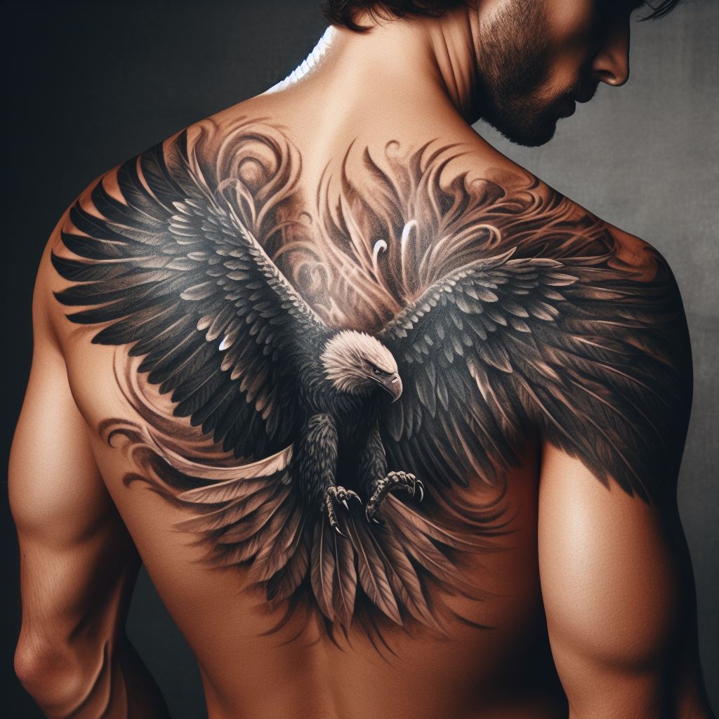 A powerful shoulder blade tattoo depicting an eagle in mid-flight, its wings spread wide and detailed feathers creating a sense of movement and freedom, positioned across a man's shoulder blades.