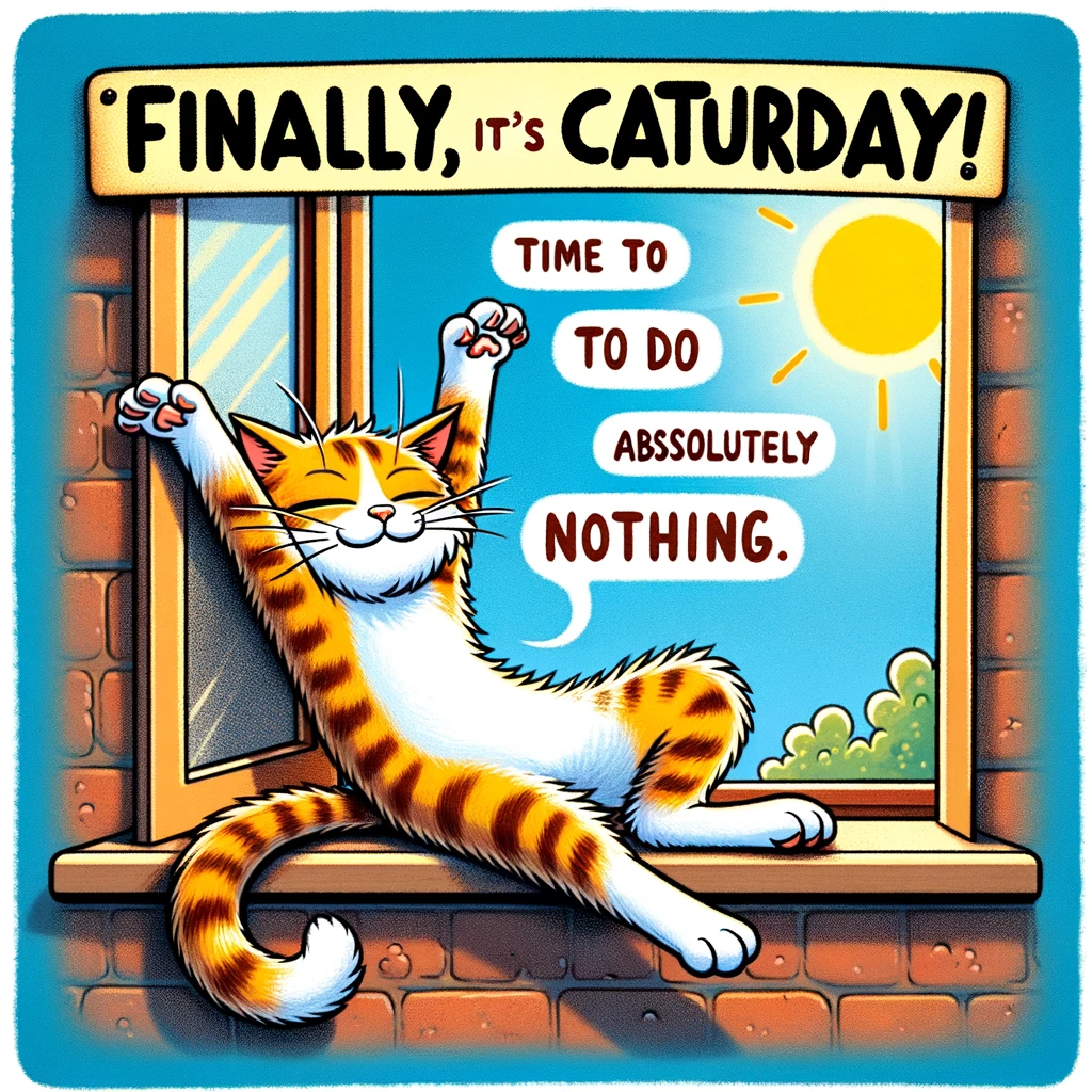 A humorous and colorful cartoon-style illustration of a cat stretching and yawning on a sunny window sill, with a caption that reads, 'Finally, it's Caturday! Time to do absolutely nothing.'