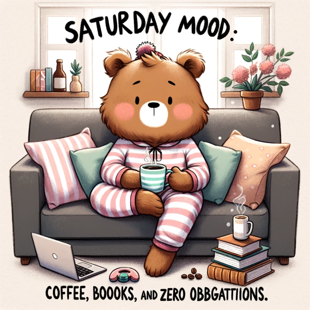 A cartoon of a bear in pajamas, sitting on a couch with a cup of coffee, surrounded by books and a laptop. The caption reads, 'Saturday mood: Coffee, books, and zero obligations.'